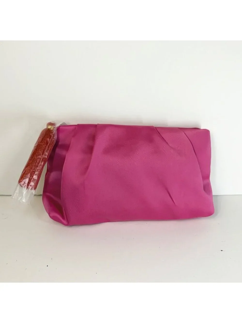 Estee Lauder Makeup Cosmetic Bag Hot Pink Satin with Red Tassel Zipper